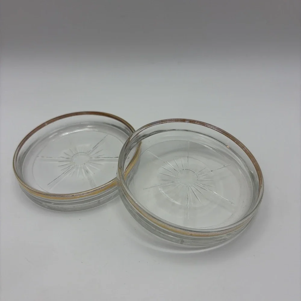 Vintage Mid century Starburst Depression Glass Coaster with gold trim.